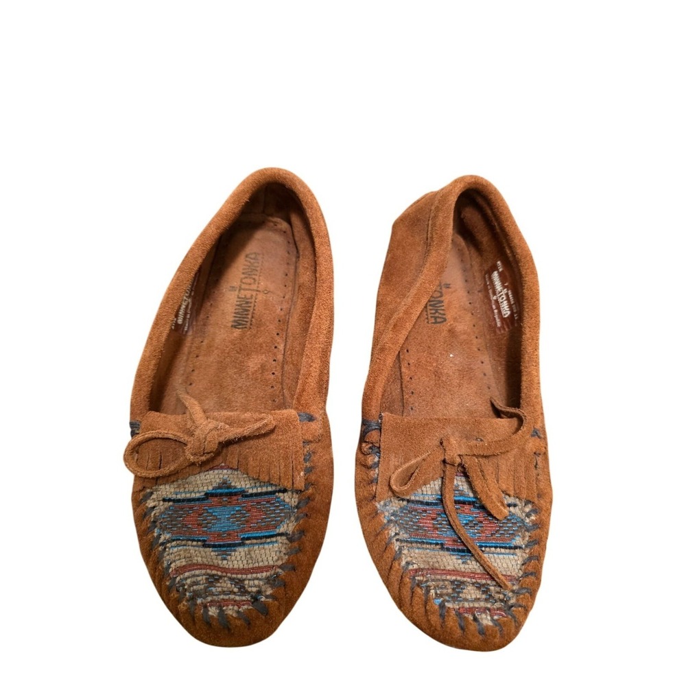 Minnetonka‎ Brown Suede Moccasins Southwestern Patterned Toe Design  Size 7